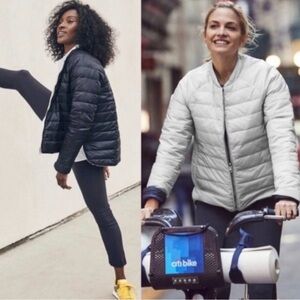 Athleta Puffer Jacket Reversewarm Reversible down in navy blue silver medium